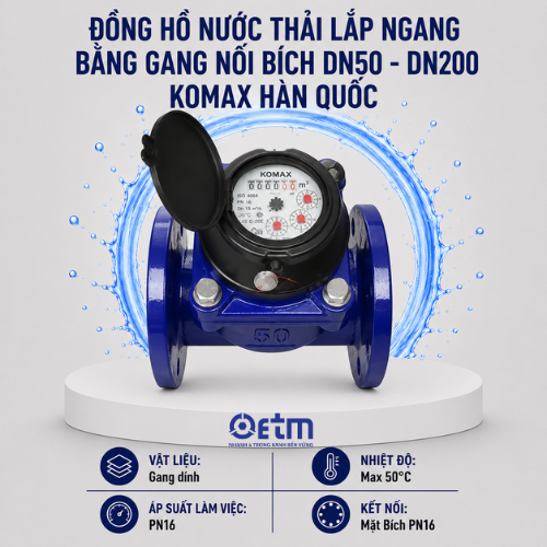 Đồng hồ nước THẢI lắp ngang bằng gang nối bích DN50 - DN200 Komax Hàn Quốc